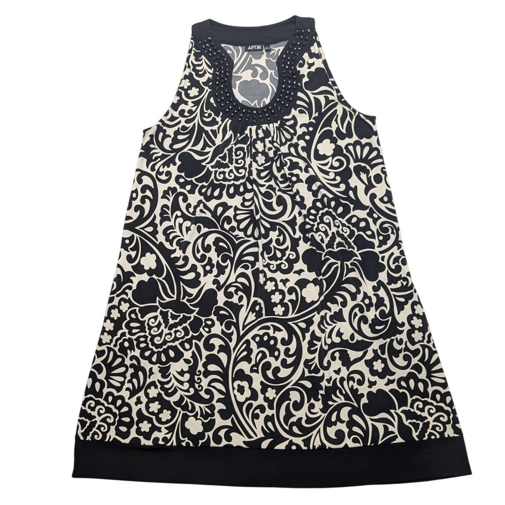 Apt. 9 Studded Damask Floral Sleeveless dress Womens Large Black Cream A-Line